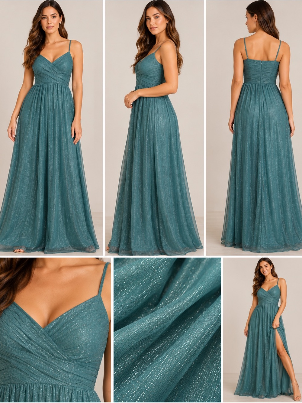 FAERIESTY Teal Shimmer Ruched Maxi Formal Dress Small